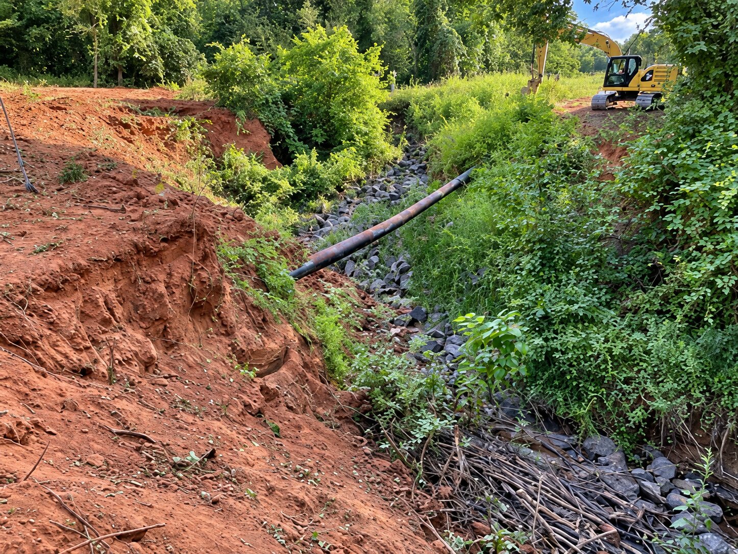 Before: A drainage channel eroded into red clay, with an exposed line